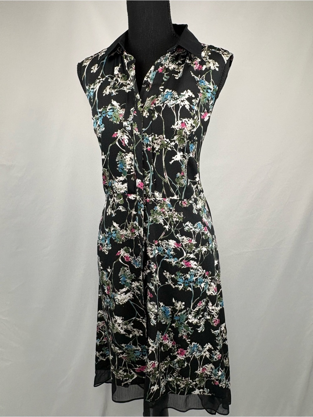 Black Dress Floral Sleeveless Collared Button down front